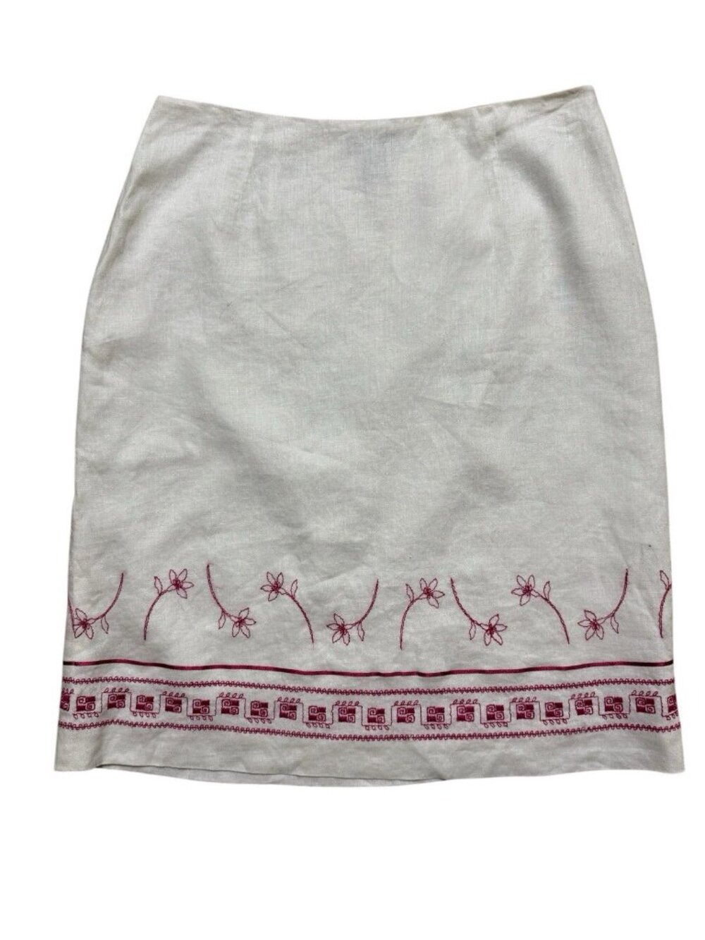 Ann Taylor Linen Skirt Embroidered White Red Size 12